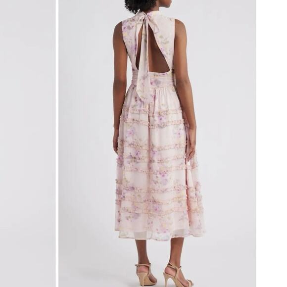 NWT Lulus Eden Floral Tiered Ruffle Dress Light Pink Midi Size S Garden Fairy - Picture 2 of 9